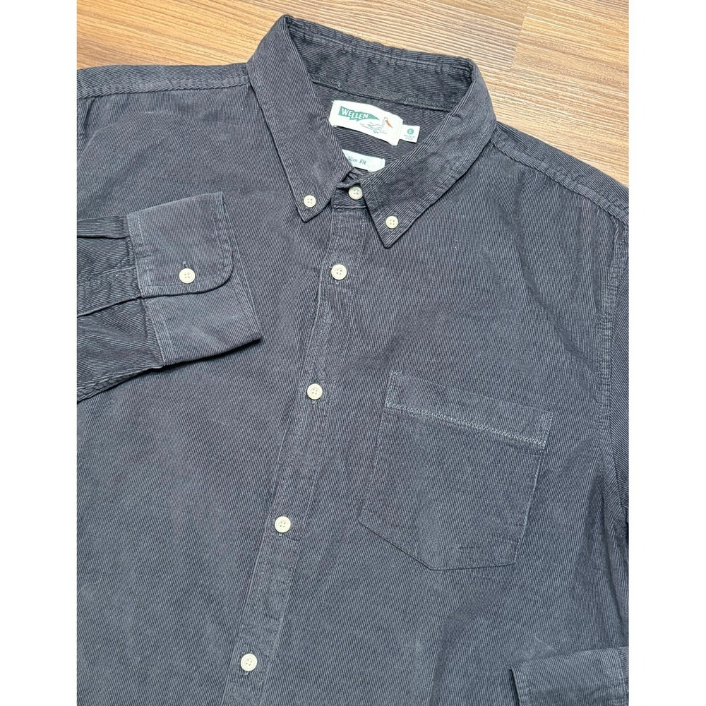 Wellen Slim Fit Corduroy Button Down Shirt Charcoal Grey Organic Cotton Sz L